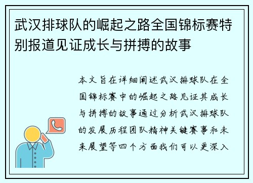 武汉排球队的崛起之路全国锦标赛特别报道见证成长与拼搏的故事